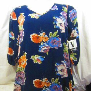 VIBE Petite blue floral tunic blouse top peep slit sleeve WOMEN P L NWT
